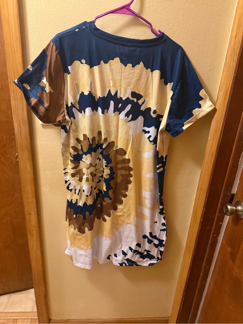 Short Sleeve Tie-Dye Spiral Tee Dress in Navy and Yellow - Picture 2 of 3